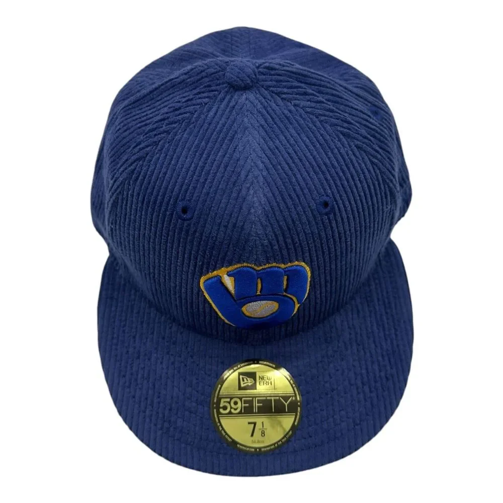 New Era 59Fifty Milwaukee Brewers Hat Cap 7 1/8 Royal Blue Corduroy MLB Baseball